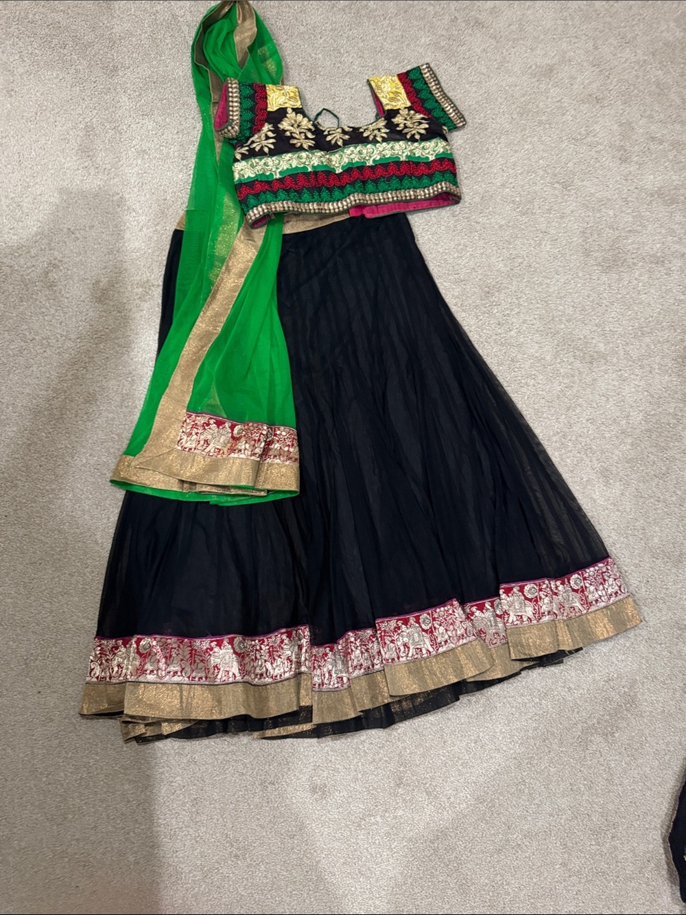 Embroidered Black Lehenga Skirt with Green Dupatta
